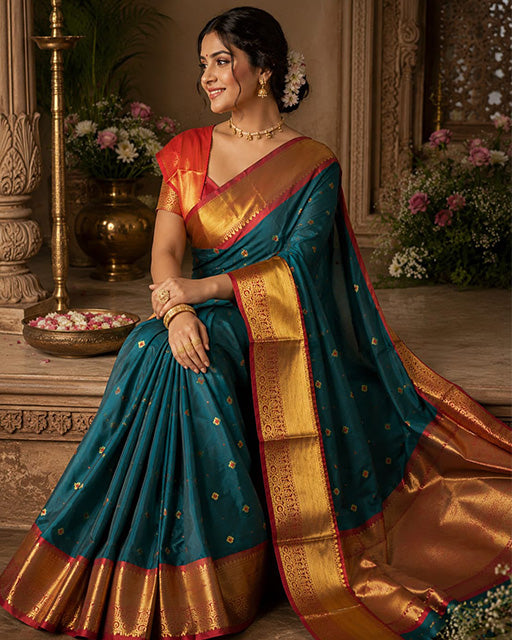 Peacock Blue Color Banarasi Katan Silk Saree