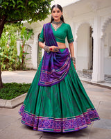 Elegant Green Color Tussar Silk Bandhej Navratri Lehenga Choli