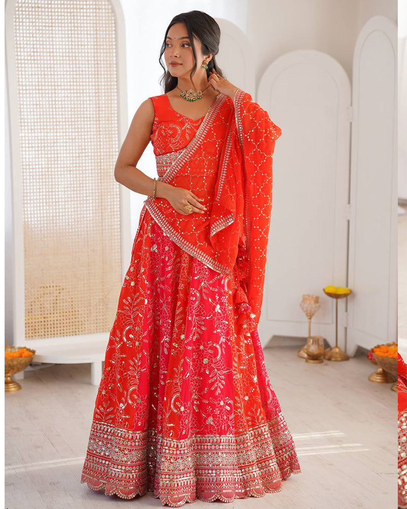 Orange Color Faux Georgette Embroidered Sequence Lehenga Choli