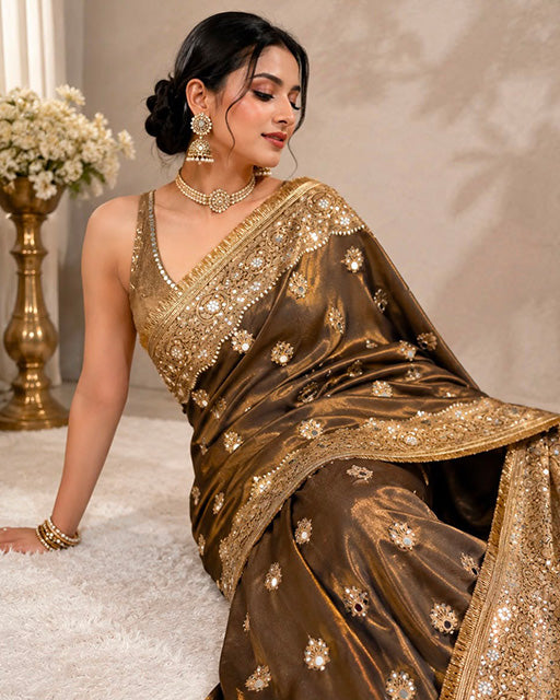 Antique Brown Color Tissue Silk Saree