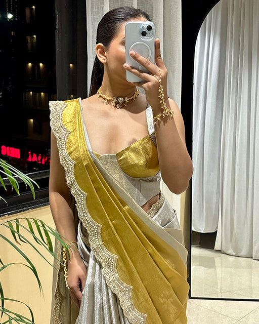 Golden And SIlver Color Metallic Bridal Tissue Silk Saree