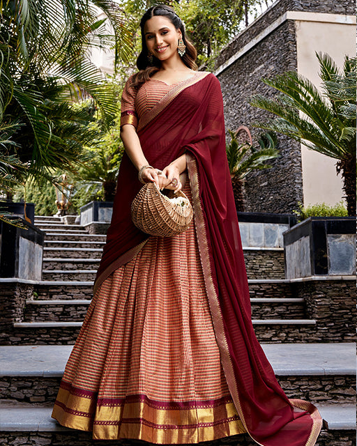 Rich Peach Color Kanchi Cotton Chex Half Saree