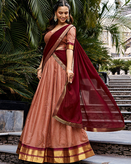 Rich Peach Color Kanchi Cotton Chex Half Saree