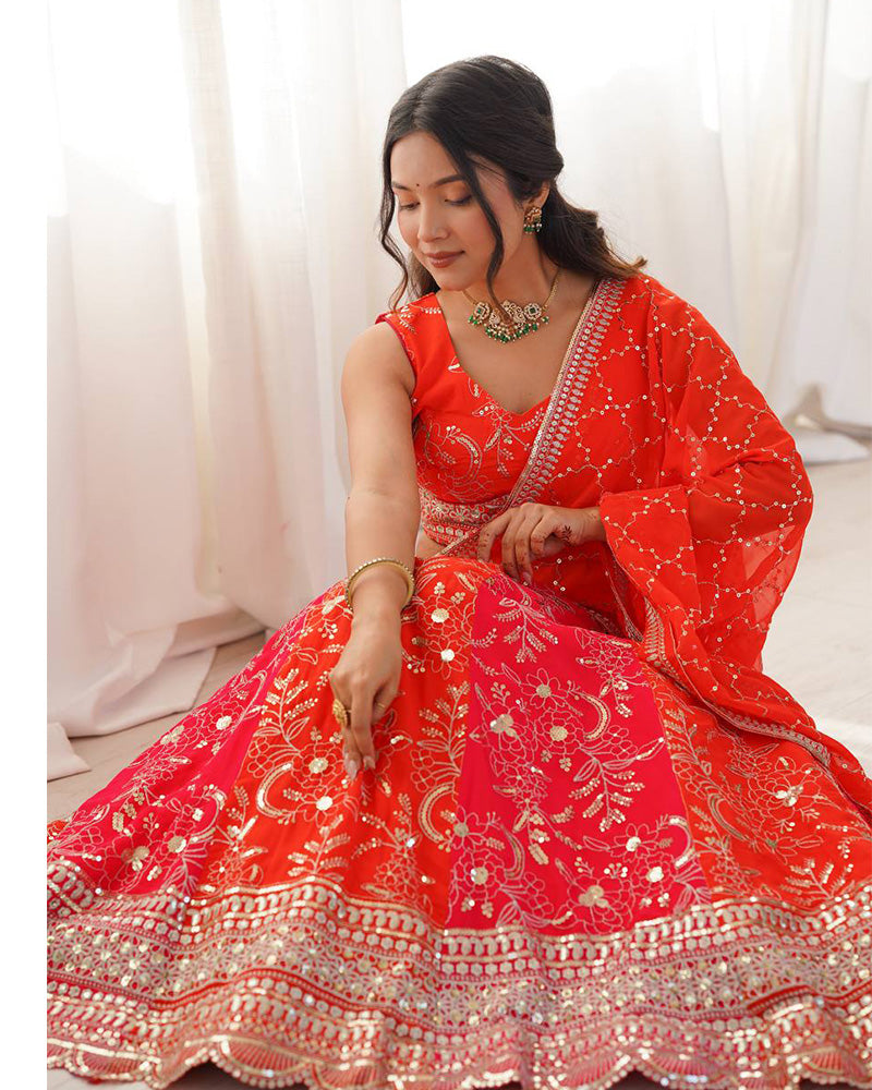 Orange Color Faux Georgette Embroidered Sequence Lehenga Choli