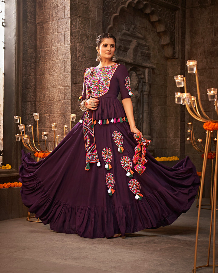 Purple Color Viscose Rayon Thread With Mirror Work Navratri Lehenga Choli