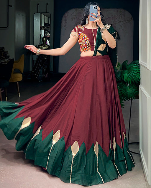 Maroon Color Chinon With Gamthi Work Navratri Lehenga Choli