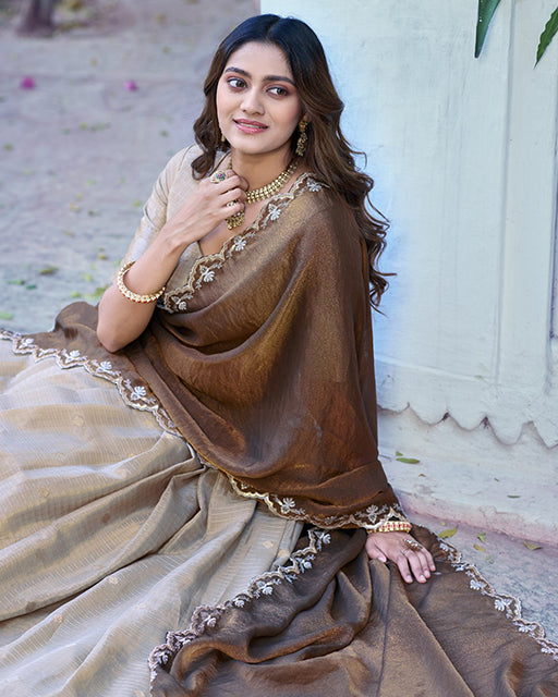 Off White Color Chinon Chex Zari Weaving Half Saree