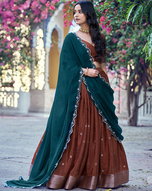 Copper Brown Color Chinon Chex Zari Weaving Half Saree
