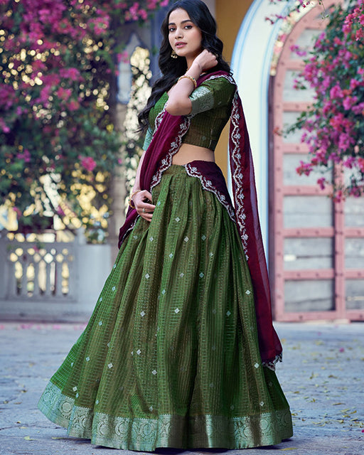 Olive Green Color Chinon Chex Zari Weaving Half Saree