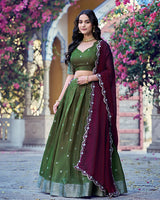 Olive Green Color Chinon Chex Zari Weaving Half Saree