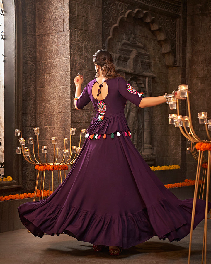 Purple Color Viscose Rayon Thread With Mirror Work Navratri Lehenga Choli