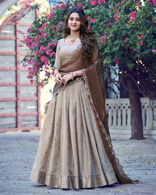 Off White Color Chinon Chex Zari Weaving Half Saree