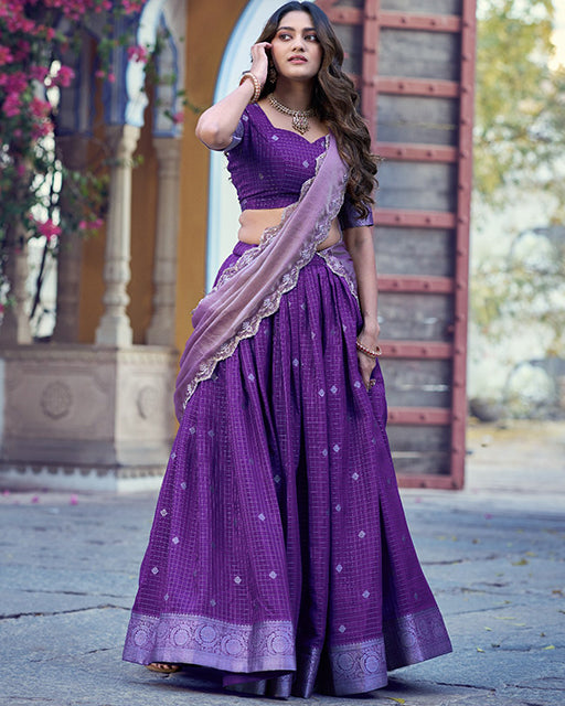 Purple Color Chinon Chex Zari Weaving Half Saree