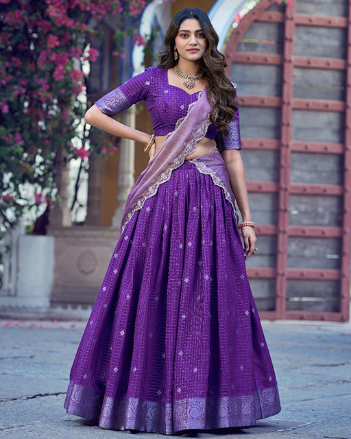Purple Color Chinon Chex Zari Weaving Half Saree
