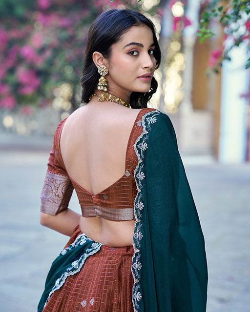Copper Brown Color Chinon Chex Zari Weaving Half Saree
