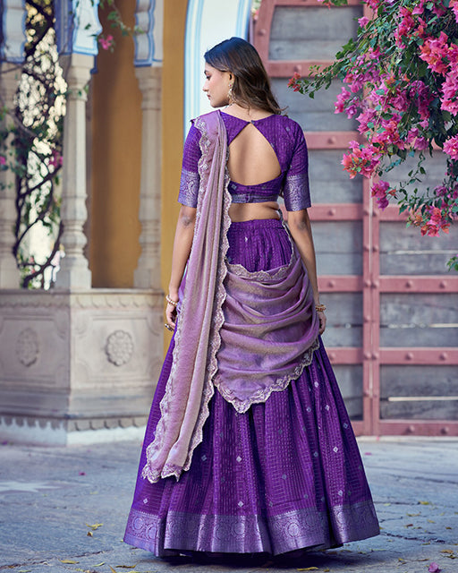 Purple Color Chinon Chex Zari Weaving Half Saree