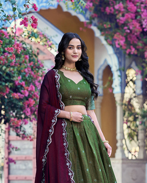 Olive Green Color Chinon Chex Zari Weaving Half Saree