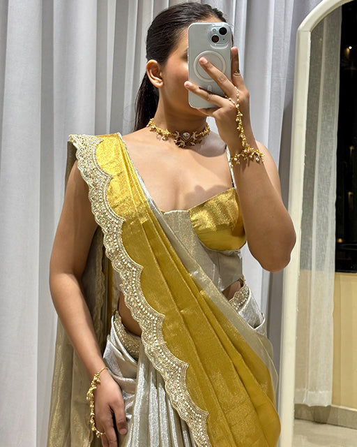 Golden And SIlver Color Metallic Bridal Tissue Silk Saree