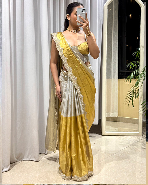 Golden And SIlver Color Metallic Bridal Tissue Silk Saree