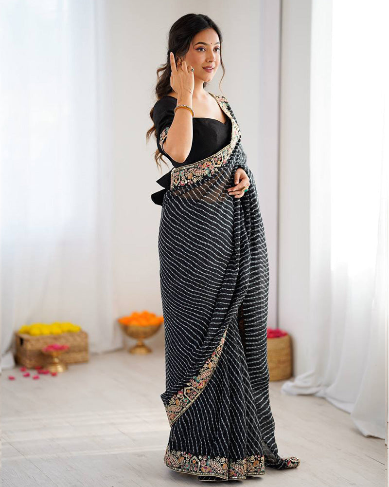 Black Color Faux Georgette Bandhej Print Saree