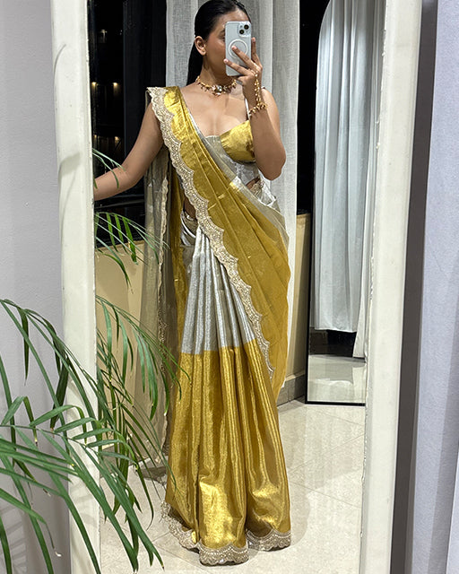 Golden And SIlver Color Metallic Bridal Tissue Silk Saree