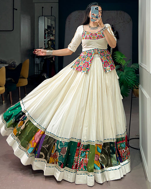 White Color Khadi Cotton Navratri Lehenga Choli