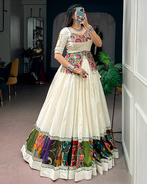 White Color Khadi Cotton Navratri Lehenga Choli