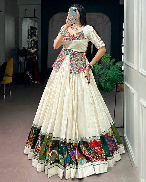 White Color Khadi Cotton Navratri Lehenga Choli