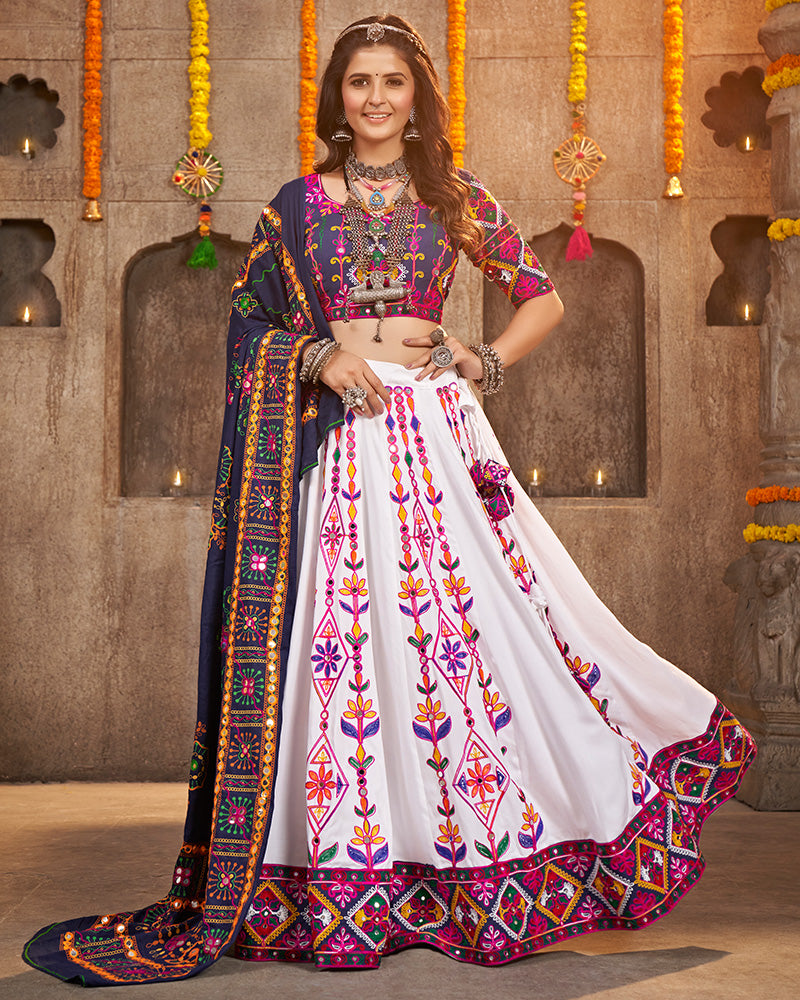 White Color Viscose Rayon Thread With Mirror Work Navratri Lehenga Choli