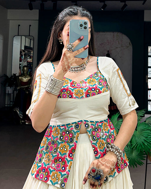 White Color Khadi Cotton Navratri Lehenga Choli