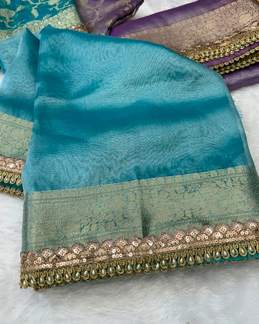 Sky Blue Color Soft Banarasi Silk Pearl Work Saree