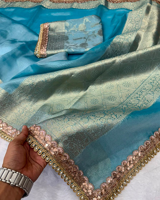 Sky Blue Color Soft Banarasi Silk Pearl Work Saree