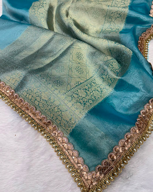 Sky Blue Color Soft Banarasi Silk Pearl Work Saree
