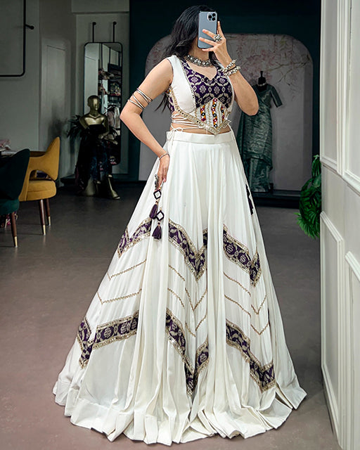 White Color Pure Rayon With Gamthi Work Navratri Lehenga Choli