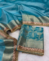 Sky Blue Color Soft Banarasi Silk Pearl Work Saree