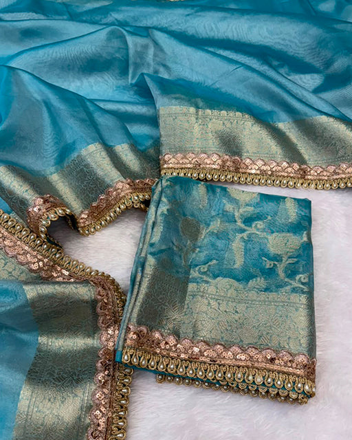 Sky Blue Color Soft Banarasi Silk Pearl Work Saree