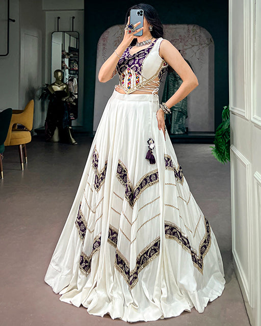 White Color Pure Rayon With Gamthi Work Navratri Lehenga Choli