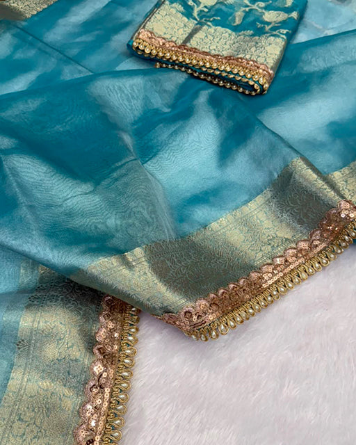 Sky Blue Color Soft Banarasi Silk Pearl Work Saree