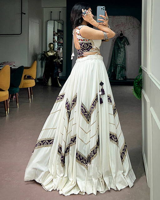 White Color Pure Rayon With Gamthi Work Navratri Lehenga Choli
