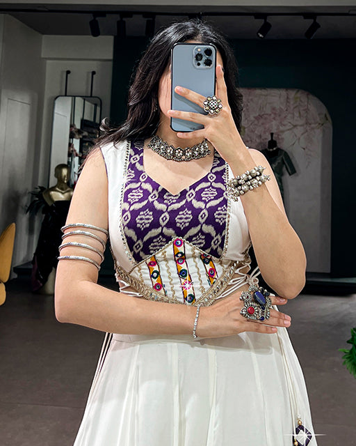 White Color Pure Rayon With Gamthi Work Navratri Lehenga Choli