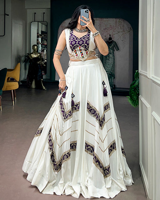 White Color Pure Rayon With Gamthi Work Navratri Lehenga Choli