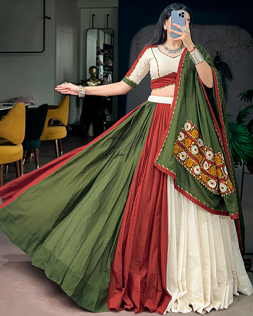 Traditional White And Maroon Color Cotton Navratri Lehenga  Set