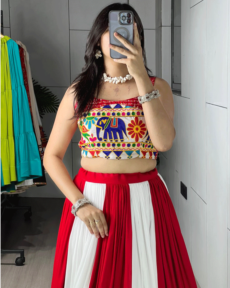 Traditional Red And White Printed Navratri Lehenga Set