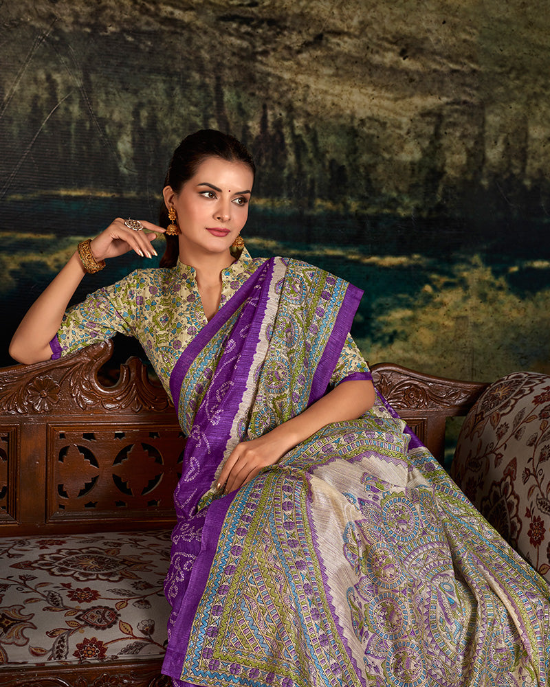 Purple Color Green Silk Fusion Printed Saree