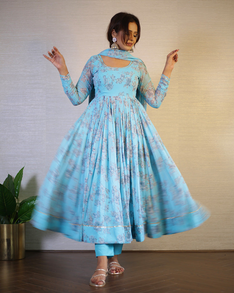 Sky Blue Color Georgette Three Piece Anarkali Suit