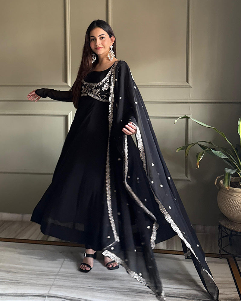 Black Color Faux Georgette Embroidered Anarkali Suit