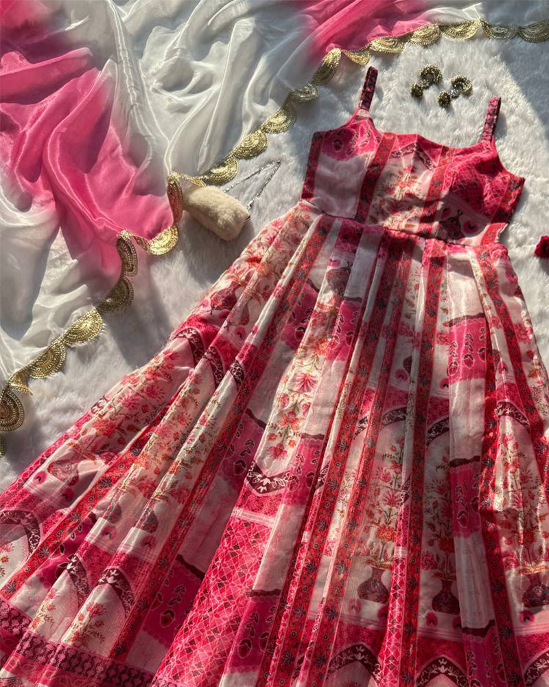 Baby Pink Color Digital Print Soft Organza Gown