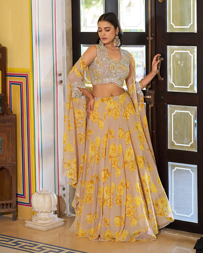 Mustard Color Georgette Embroidered Lehenga Choli
