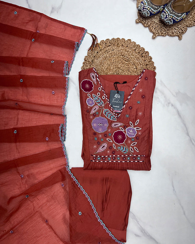Rust Orange Color Mal Cotton Three Piece Kurti Suit