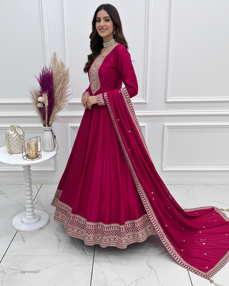 Dark Pink Vichitra Silk Sequence Embroidered Gown